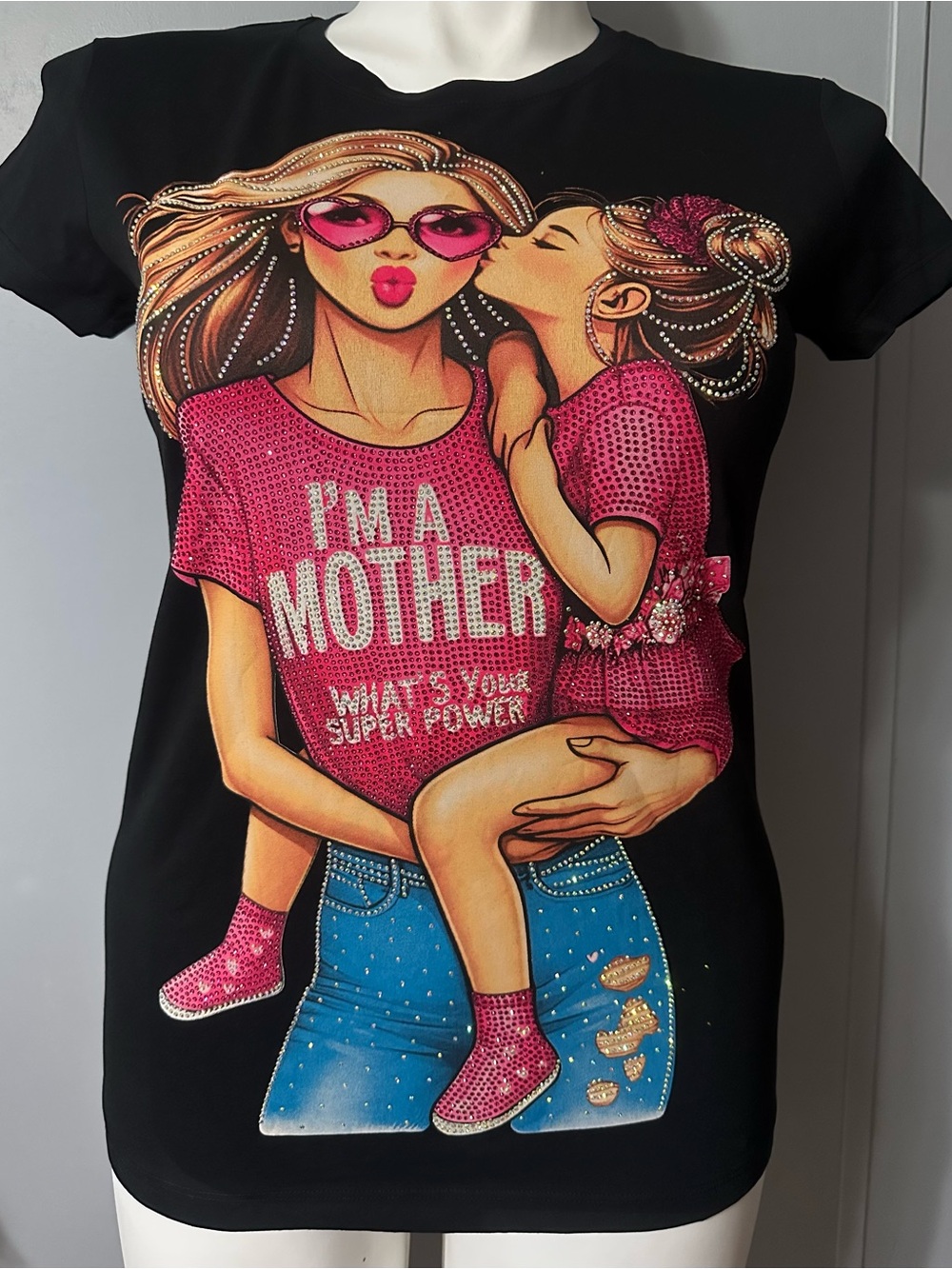 Women's Kids Graphic Tee - Black with Pink Mother & Child Design